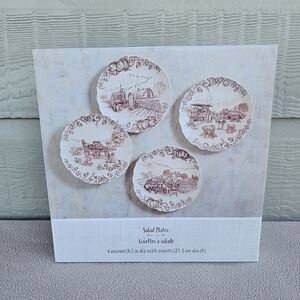 Pier 1 Harvest Village 9" Set of 4 Salad Plates Brown White Farm Scenes